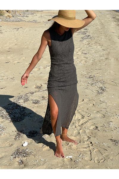 MERİCEY Women's Openwork Beach Dress with Lining and Slit Detail - Summer Casual Dress