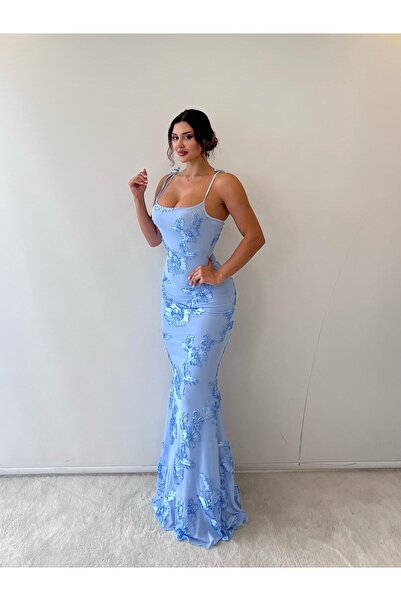 pink life Mavi Ayarlanabilir Askılı Çiçekli Astarlı Maksi