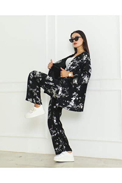 SheLoria Women's Black Gray Foil Printed Bottom Top Kimono Pants Viscose Set