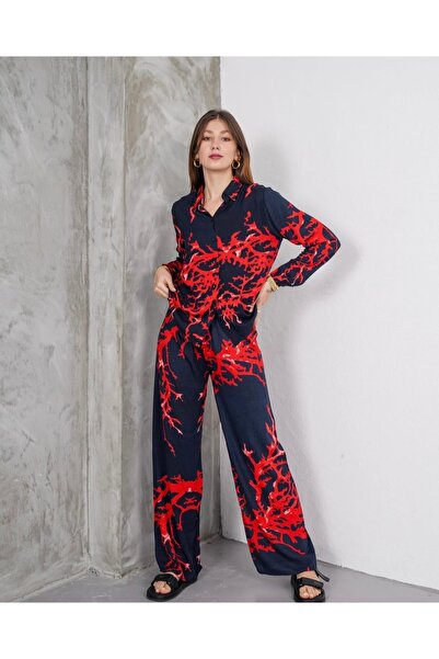 SheLoria بدلة نسائية من الفسكوز باللون الأحمر والأسود منقوشة من الأسفل إلى ال...