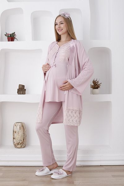 Lohussa Women's Powder Special Design Buttoned Lace Maternity Maternity Dressing Gown Pajama Set Set of 3