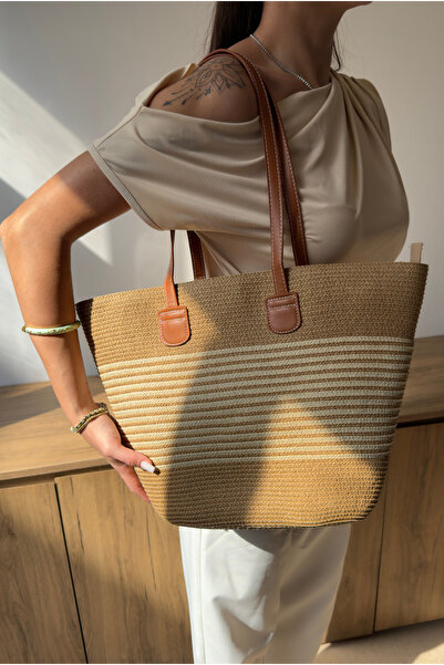 Mupa Shoes Women's Straw Hand and Shoulder Bag Camel Straw Beige Striped