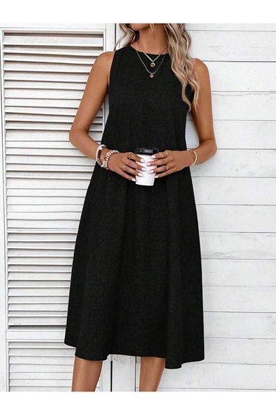 Pasaklıkontes Rochie midi de in pentru femei, fara maneci, cu buzunare