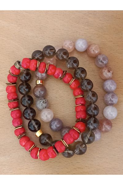 LemaStone Red Coral, Smoky Quartz and Agate Stone Triple Natural Stone Bracelet Set