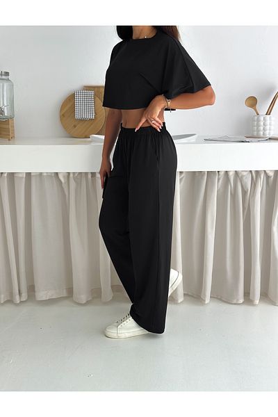 winmoda Summer Soft Textured Bottom Top Set / Top Bat Tshirt - Bottom Baggy Long Pants