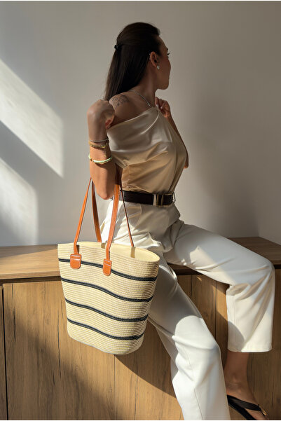 Mupa Shoes Women's Straw Hand and Shoulder Bag Beige Straw Black Striped