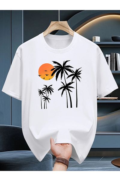 Pink Sky Unisex βαμβακερό λευκό oversize μπλουζάκι με στάμπα "Palm and Sunset" με λαιμόκοψη