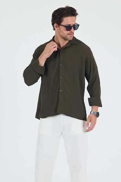 Trn JNS Tokyo Khaki Summer Aerobin Linen Textured Comfortable Fit Oversize Men's Shirt