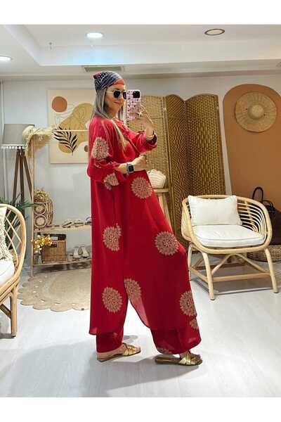 QUAWEAR Shirt Collar Gold Glitter Embroidered Long Tunic with Side Pockets and Trousers Double Suit