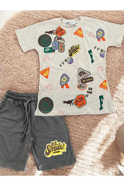 Patriko Boy's Dinosaur Detailed Emblem Printed New Season Bottom Top Shorts Tshirt Set