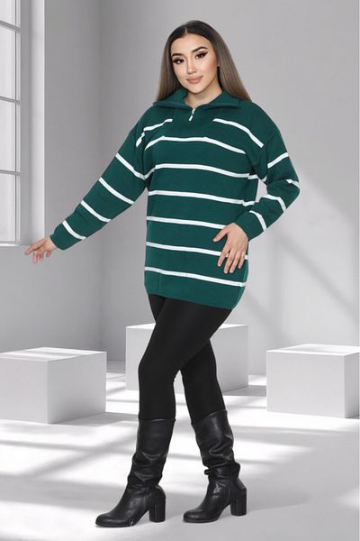 LocaMz Green Collar Zipper Striped Knitwear Tunic