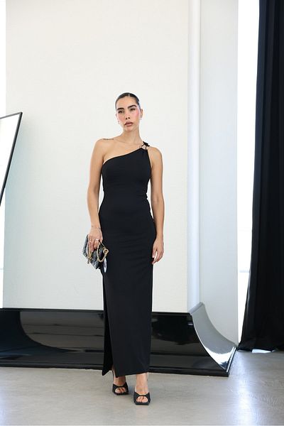 Özge Özgenç Midi Dress with Side Slits and Accessory Detail