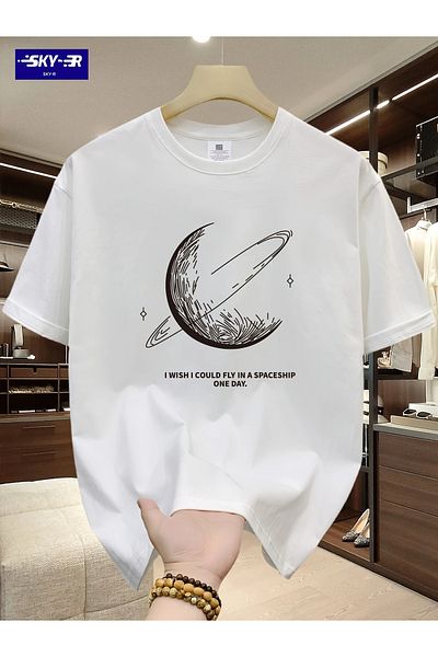 Pink Sky Unisex βαμβακερό λευκό oversize μπλουζάκι με στάμπα "Space and Planet" με λαιμόκοψη
