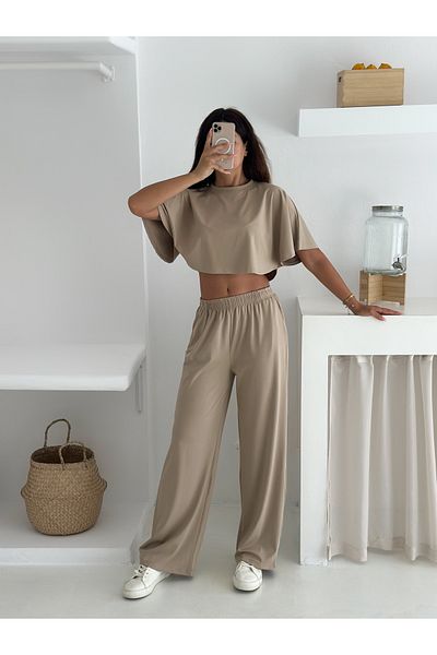winmoda Summer Soft Textured Bottom Top Set / Top Bat Tshirt - Bottom Baggy Long Pants