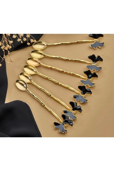 elif aksesuar Siyah Gold Kelebekli Metal Çay Kaşığı 6 Lı