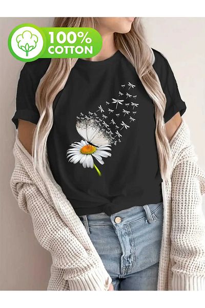 Pink Sky Unisex βαμβακερό μαύρο oversize μπλουζάκι με στάμπα "Daisy and Ladybug" με λαιμόκοψη