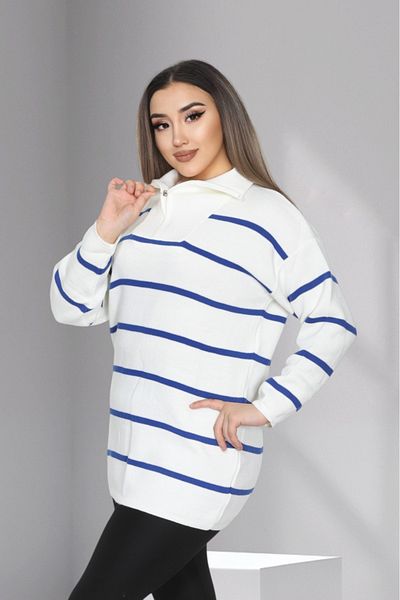 LocaMz Κρεμ / Saks Μπλε γιακά με φερμουάρ ριγέ πλεκτό τουνίκ