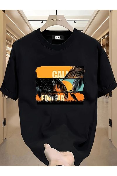 Pink Sky Unisex βαμβακερό μαύρο μπλουζάκι με στάμπα "California Tropical" με λαιμόκοψη