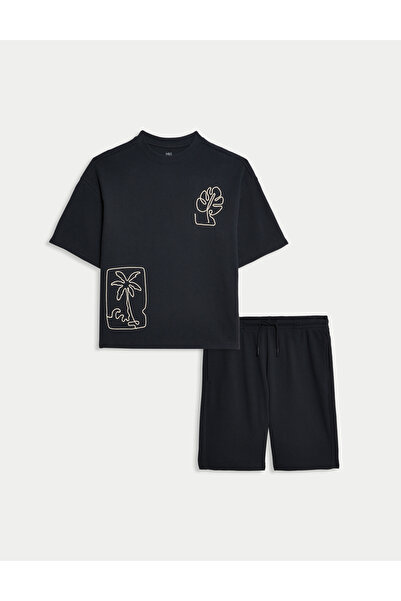 Marks & Spencer Saf Pamuk Palmiye Desenli Üst & Şort Takım (2–16 Yaş)