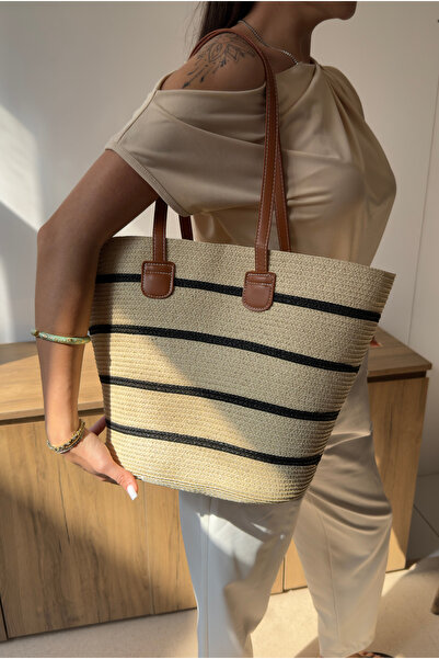 Mupa Shoes Women's Straw Hand and Shoulder Bag Beige Straw Black Striped