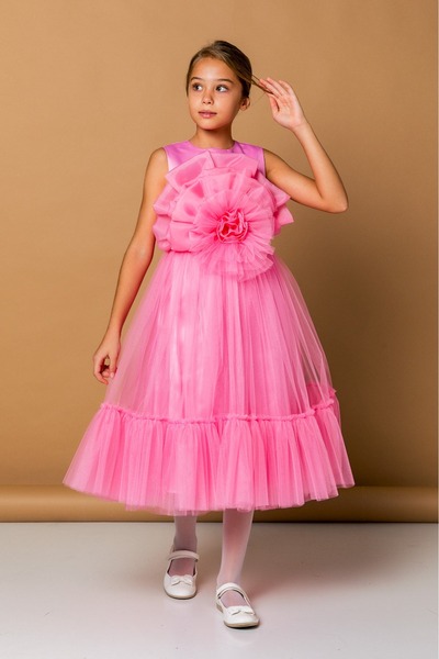 Daisy Girls Çocuk Abiye Tül Elbise – Gül Detaylı Prenses Model