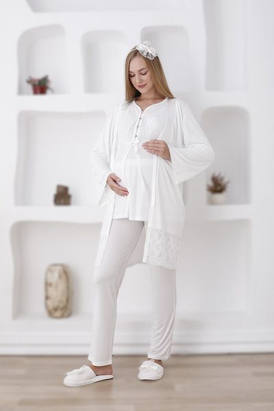 Lohussa Women's Ecru Special Design Buttoned Lace Maternity Maternity Dressing Gown Pajama Set Set of 3