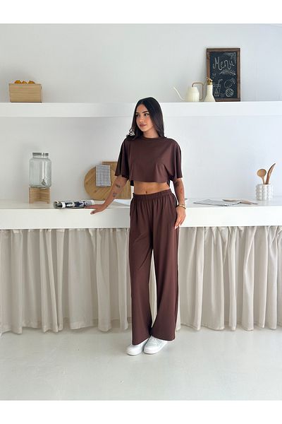 winmoda Summer Soft Textured Bottom Top Set / Top Bat Tshirt - Bottom Baggy Long Pants