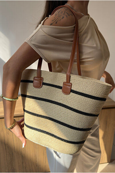 Mupa Shoes Women's Straw Hand and Shoulder Bag Beige Straw Black Striped