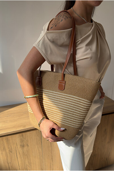 Mupa Shoes Women's Straw Hand and Shoulder Bag Camel Straw Beige Striped