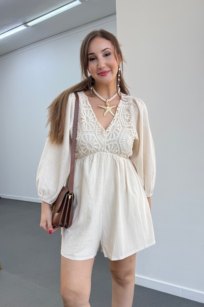 Narferita Helena Güpür İşlemeli V Yaka Tulum