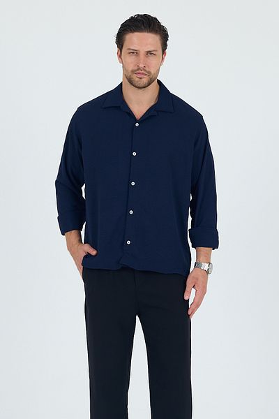 Trn JNS Tokyo Navy Blue Summer Aerobin Linen Textured Comfortable Fit Oversize Men's Shirt