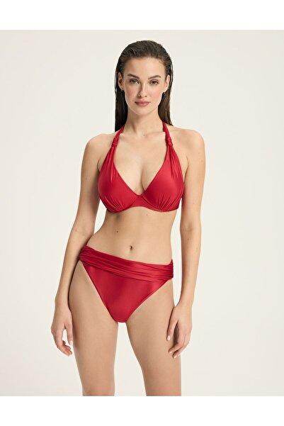 ESOTIQ Classic Bikini Bottom Brief with Ruched Waistband Glossy Fabric Elegant | Truffle