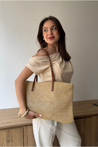 Mupa Shoes Women's Straw Hand and Shoulder Bag Camel Hasir