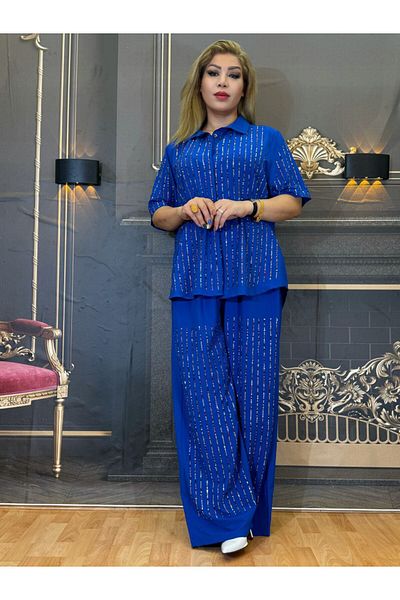 Yeşilmoda Suit with Stones,Shirt Pants,Crêpe,Full Stone Print,Shirt Collar,Buttoned,Pockets,Summer,Blue,Lycra Waist