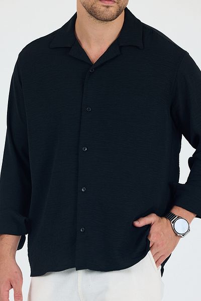 Trn JNS Black Summer Aerobin Linen Textured Comfortable Fit Oversize Men's Shirt