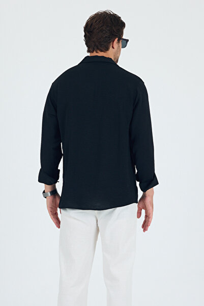 Trn JNS Чорна літня сорочка з аеробіном, лляна тканина, вільний крій, оверсайз, чоловіча сорочка