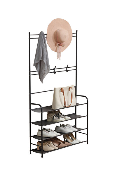 Lawazim 4-Tier Shoe Rack with Hooks & Hanger Bar - 80x26x150cm Black Storage ...