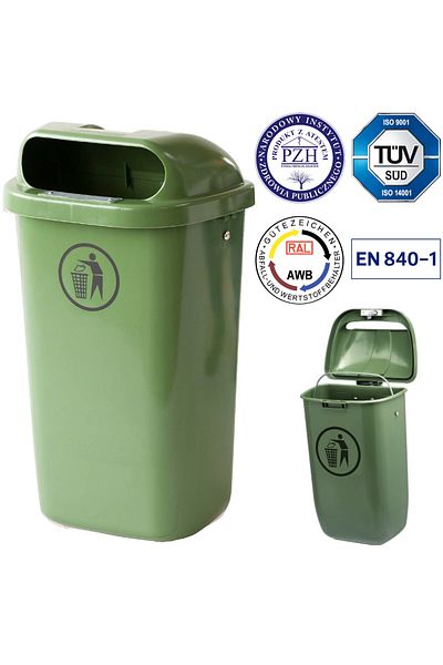 Europlast Kosz uliczny miejski pojemnik na śmieci na słupek lub ścianę DIN 50L - zielony