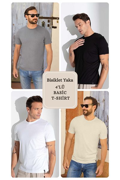 Aydoğan Men's Basic Crew Neck T-Shirt 4 Pack Black-White-Smoked-Beige