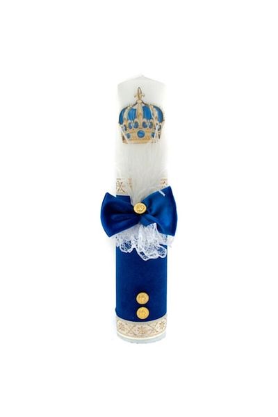 OEM Baptism Candle with Velvet Ribbon and Feathers, 35x7cm, Dark Blue