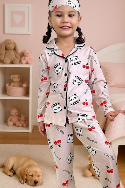 Zekalya Panda Patterned Girl's Pajama Set with Shirt Collar