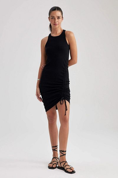 Kübra Tekstil Women's Black Halter Neckline Gathered Detailed Bodycon Mini Dress – Casual & Evening Chic