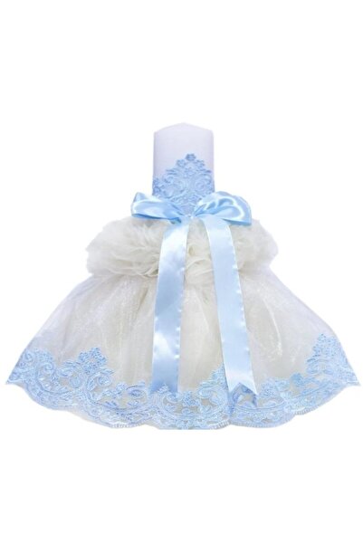 OEM Lumânare Botez, Tul Brodat și Panglică de Satin, 45x7cm, Alb-Albastru Deschis