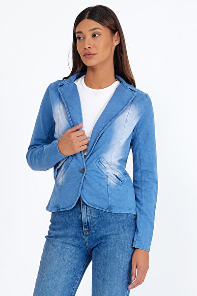 BEGBOR LİNGERİE Women's Blue Denim Look Blazer Jacket – Slim Fit Single Button Denim Look