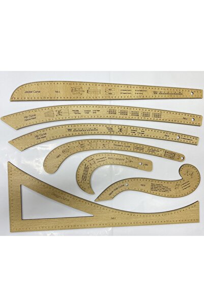 EleganTShoP Ahşap Cetvel Riga Kavadura Mektep Gönye 7 Parça Set