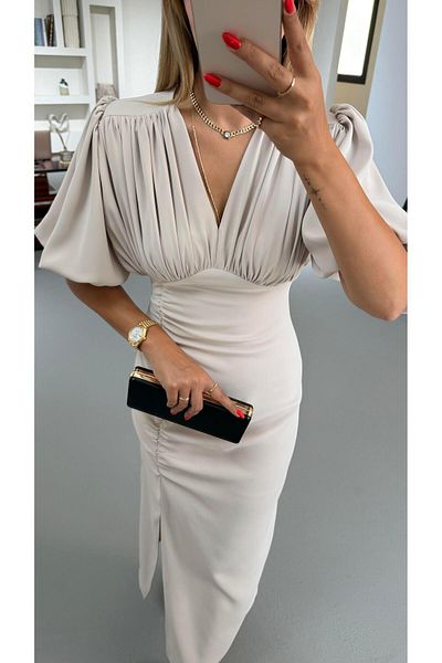Sezgi Tekin Drape Detail Slit Stone Satin Dress