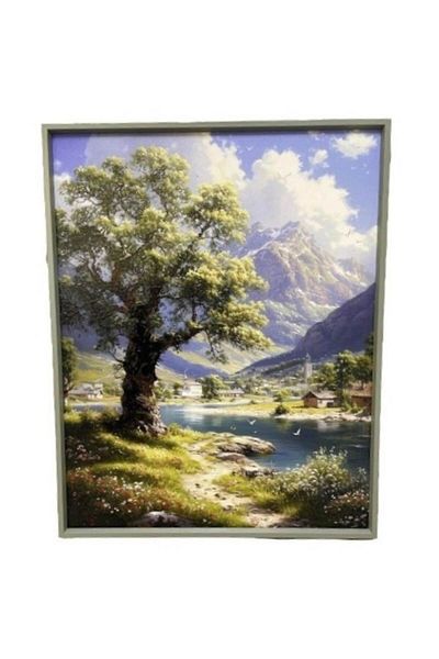 BLA BLA FOAM Pictură în ulei pictată mecanic – Peisaj montan idilic, 40x50 cm, cu ramă de aluminiu
