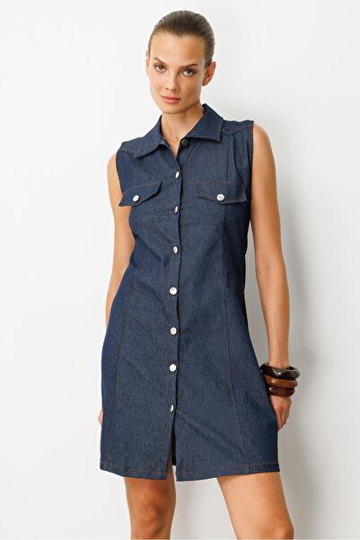 accort Düğme Detaylı Kot Elbise-MAVİ