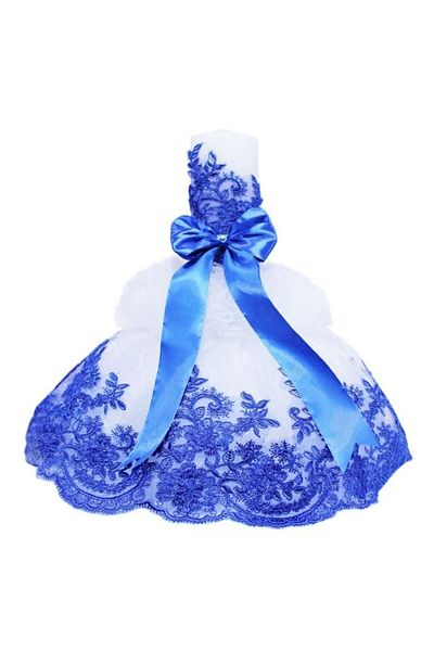 OEM Lumânare Botez, Tul Brodat și Panglică de Satin, 45x7cm, Alb-Albastru Închis