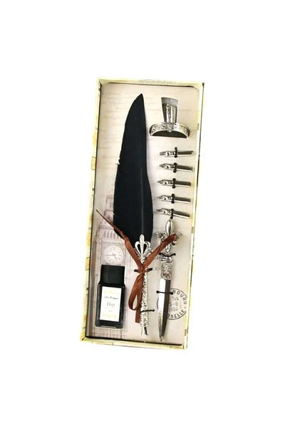BLA BLA FOAM Quill Pen Set – 9 pieces, Vintage, Black, special gift, premium writing instruments